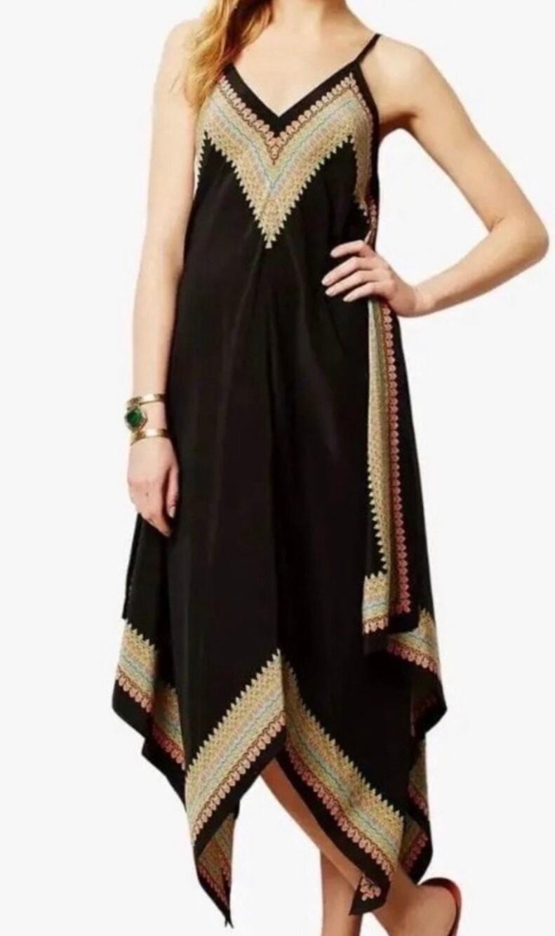 Anthropologie Vanessa Virginia Boho Embroidered Hankerchief 100% Silk Dress